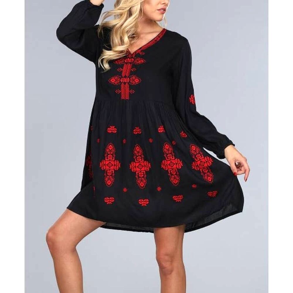 Anandas Black Red Embroidered V-Neck Long Sleeve Boho Mini Dress Women XXL